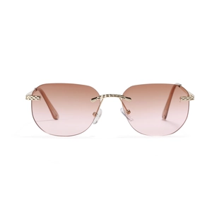 Square rimless gradient brown sunglasses with gold woven texture metal bridge and temples