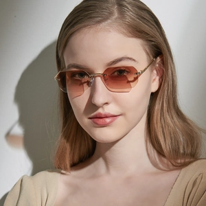 Vintage rimless square polygon sunglasses for women with brown gradient lenses