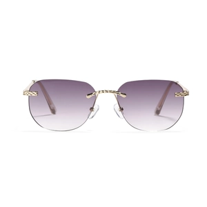 Frameless square sunglasses with purple gradient lenses and textured gold metal frame
