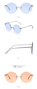 Vues détaillées de lunettes de soleil rondes sans monture en bleu clair et fauve