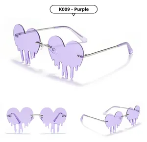 Three views of purple heart-shaped rimless sunglasses with melting drip effect details