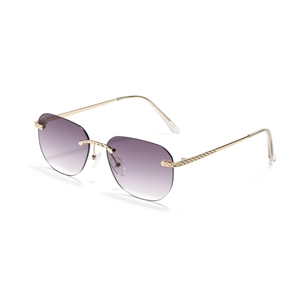 Frameless square sunglasses with gold textured temples and purple gradient lenses
