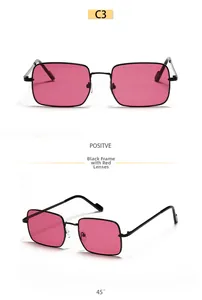 Detailed front and side views of small metal frame sunglasses with red lenses