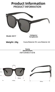 Detailed technical specifications and dimensions for black oversized square hip-hop sunglasses