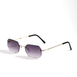 Frameless rimless polygon sunglasses with purple gradient lenses and gold metal arms