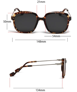 Detailed size chart of square tortoise sunglasses showing frame width and lens dimensions