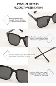 Close-up of square sunglasses showing metal hinges, anti-allergic frames, and nose pads