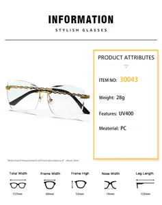 Detailed size chart for frameless square sunglasses showing UV400 PC frame dimensions