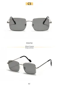 Front and 45-degree angle views of silver metal square sunglasses with grey lenses