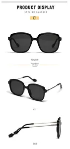 Three-angle product display of square black sunglasses with dark grey lenses and metal temples