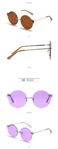 Détail de lunettes de soleil rondes sans monture avec branches en métal doré et embouts