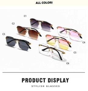 Flat lay display of rimless square sunglasses in six gradient colors with metal chain temples
