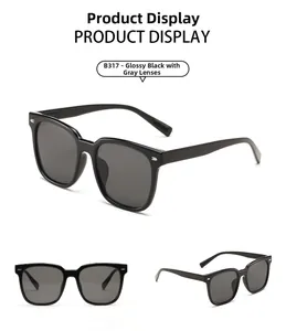 Three-way view of square oversized hip-hop sunglasses with glossy black frames and metal studs