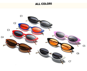 Mise à plat de petites lunettes œil de chat en sept couleurs avec branches en métal