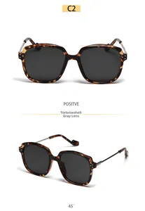 Detailed views of tortoise shell square sunglasses with grey lenses and metal temples