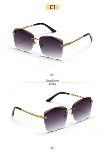 Macro detail of rimless square sunglasses with gradient grey lenses and golden chain arms