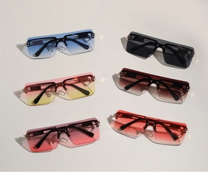 Flat top rimless square sunglasses set in various gradient colors with gold metal hinges