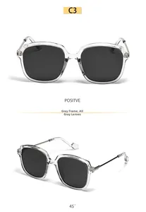 Detail view of square grey frame sunglasses with metal accents and dark grey lenses