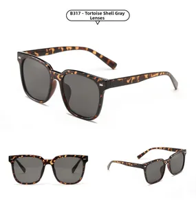 Detail view of square hip hop sunglasses with tortoiseshell frame and grey lenses