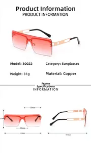 Detail view of square rimless sunglasses with red gradient lenses and copper frames