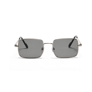 Retro square silver metal sunglasses with grey lenses, stylish minimalist eyewear for women