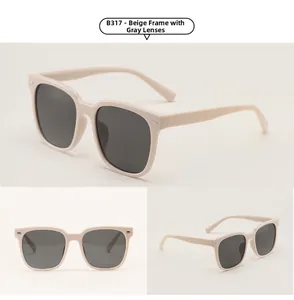 Detailed views of beige square oversized sunglasses with grey lenses and metal rivet accents