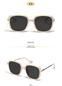 Front and 45-degree angle view of beige square sunglasses with grey lenses and metal joints