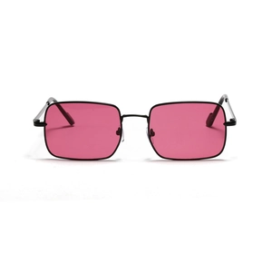Square black metal frame sunglasses with vibrant pink lenses in a modern retro style
