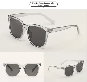 Detail view of square hip hop sunglasses with transparent grey frames and rivets