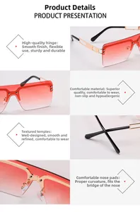 Detail of red gradient lenses, golden hollow temples, and reinforced hinges on sunglasses