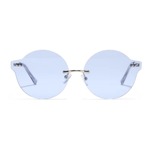Lunettes de soleil Y2K rondes sans monture bleu clair avec branches en métal argenté