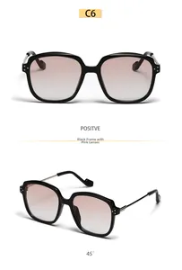 Detail view of square black frames with pink gradient lenses and metal temples