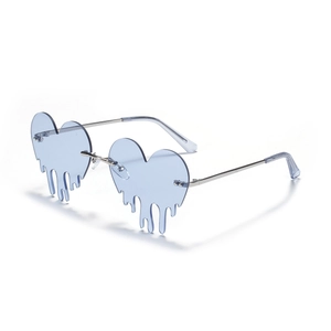 Frameless heart-shaped sunglasses with light blue lenses and silver metal temples