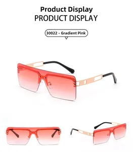 Detailed views of rimless square oversized sunglasses with gradient pink lenses and gold metal frame