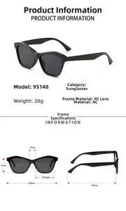 Detailed size specifications for geometric polygon PC frame sunglasses model 95148