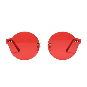 Lunettes de soleil rondes sans monture couleur bonbon avec verres rouges et cadre doré Y2K