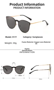 Detailed size chart for rimless gradient sunglasses with copper frame and AC lenses