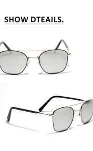 Detailaufnahme der quadratischen Metall-Sonnenbrille mit Größenangaben am Brillenbügel
