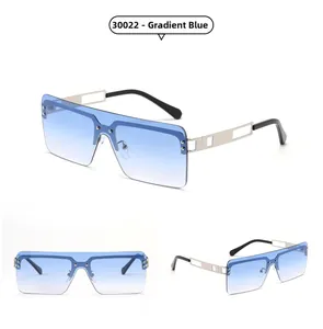Detailed close-up views of gradient blue rimless square sunglasses with silver metal frame