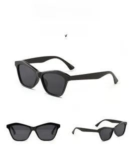 Detail view of model 95148 geometric sunglasses with black frames and grey lenses