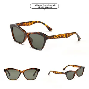Detailed views of 95148 tortoiseshell cat-eye sunglasses with dark green lenses