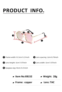Detailed size chart and material specs for retro round gold metal frame sunglasses