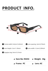 Guide des dimensions détaillées pour lunettes de soleil rectangulaires à monture noire