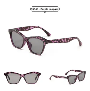 Detailed views of purple tortoiseshell frames with dark gray lenses on sunglasses