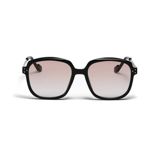 Classic square sunglasses with black frame, pink-brown gradient lenses and metal rivets