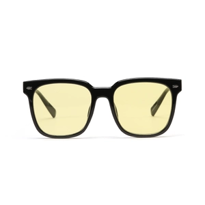Square oversized hip hop sunglasses with black frames, yellow lenses and silver rivets