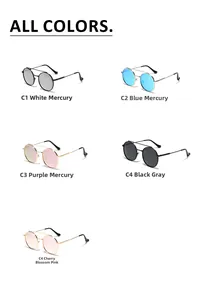 Detailed grid of retro double-bridge metal sunglasses in silver, blue, purple, grey and pink
