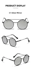Detailed views of retro double-bridge sunglasses with silver mirrored lenses and black frame
