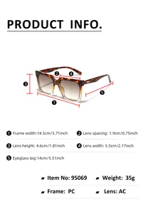 Detailed size chart for square sunglasses showing frame width, lens height, and arm length