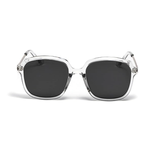 Modern square transparent sunglasses with dark polarized lenses and metal hinges